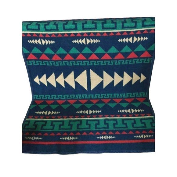Biederlack Blanket Aztec Southwest Plush USA Blue Red Tan Stadium Reversible
